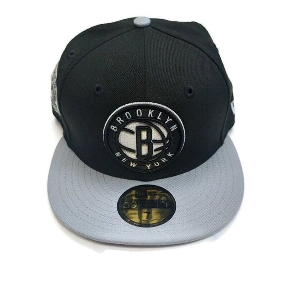59Fifty New Era Mens Size 7 NBA Brooklyn Nets Fitted Hat Cap Pennant Patch Black - Picture 1 of 7